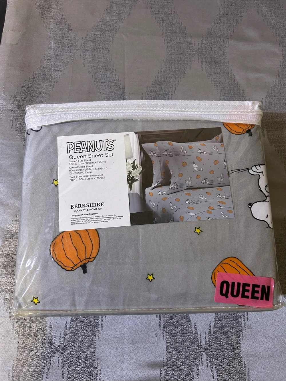 Berkshire Home Peanuts Snoopy Ghosts Pumpkins Halloween Queen Gray Sheet Set New